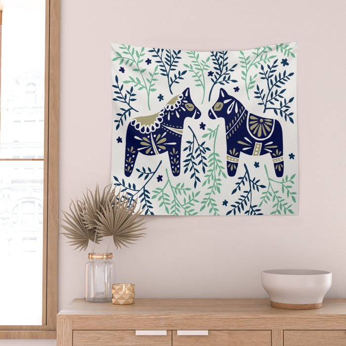 Swedish Dala Horse - Navy & Mint Palette Wall Tapestry Gallery Image 2