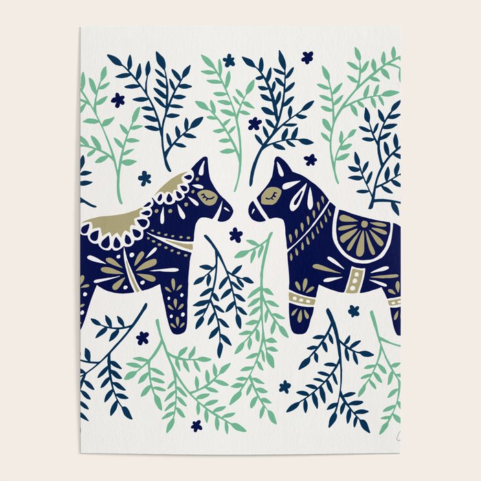 Swedish Dala Horse - Navy & Mint Palette Poster Gallery Image 1