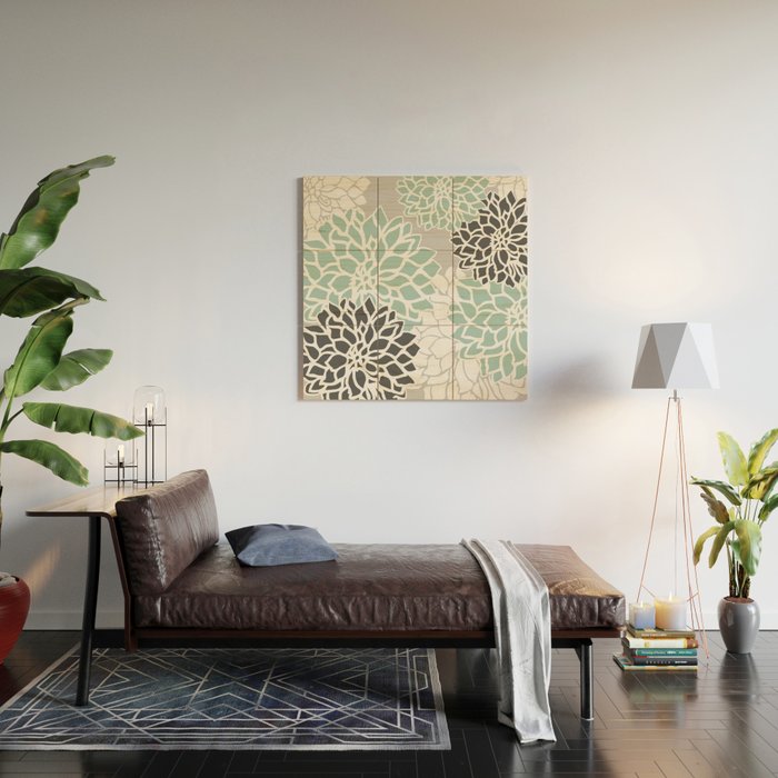 Flower Blooms, Teal and Grey Wood Wall Art Gallery Image 2