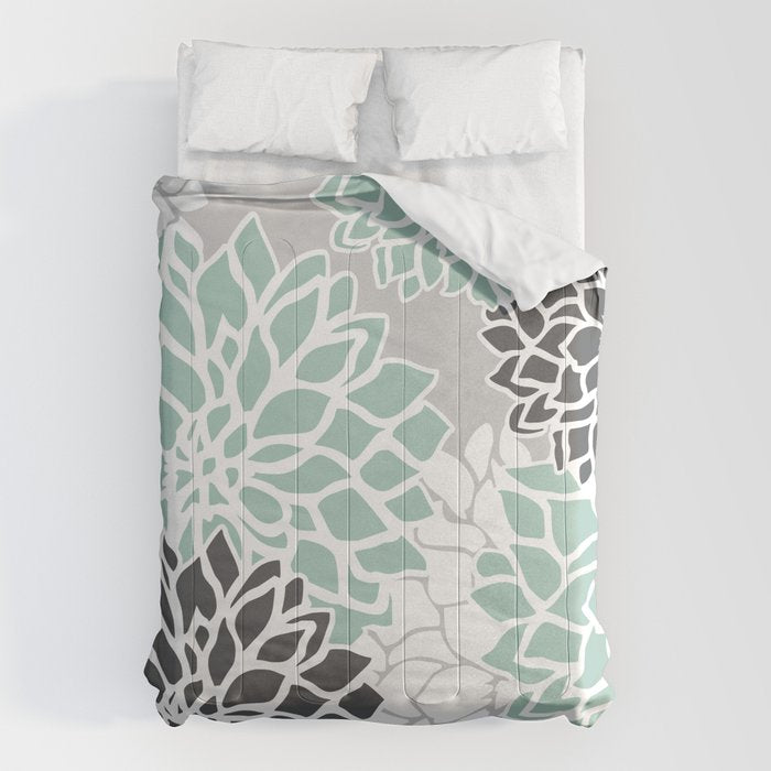 Flower Blooms, Teal and Grey Comforter Gallery Image 1