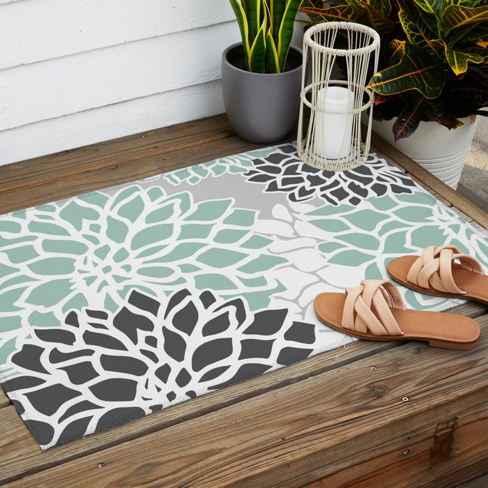 Flower Blooms, Teal and Grey Outdoor Rug Gallery Image 2
