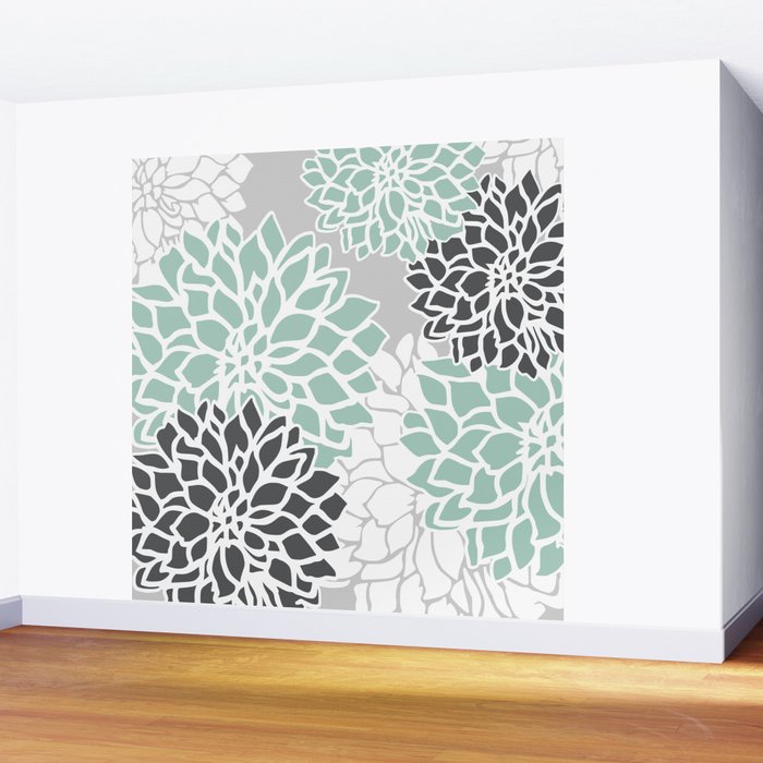Flower Blooms, Teal and Grey Wall Mural Gallery Image 2