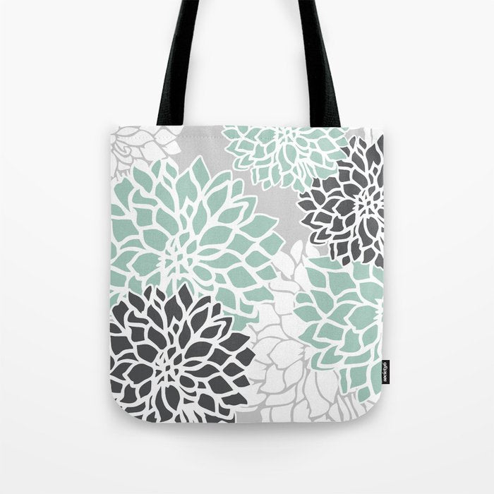 Flower Blooms, Teal and Grey Tote Bag Gallery Image 1