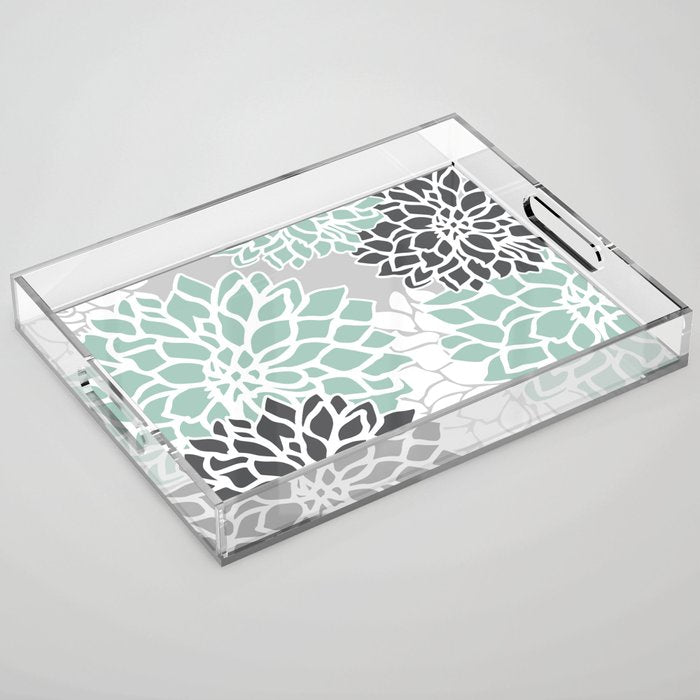Flower Blooms, Teal and Grey Acrylic Tray Gallery Image 1