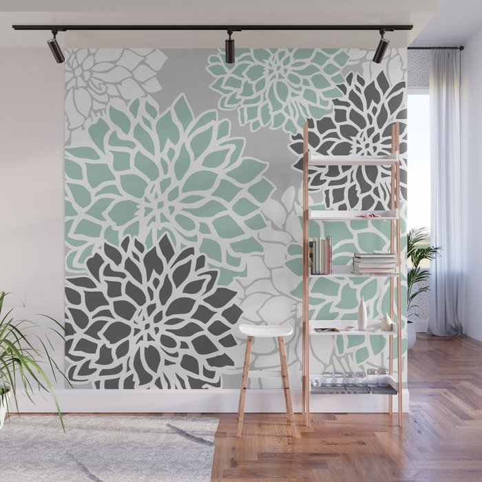 Flower Blooms, Teal and Grey Wall Mural Gallery Image 1