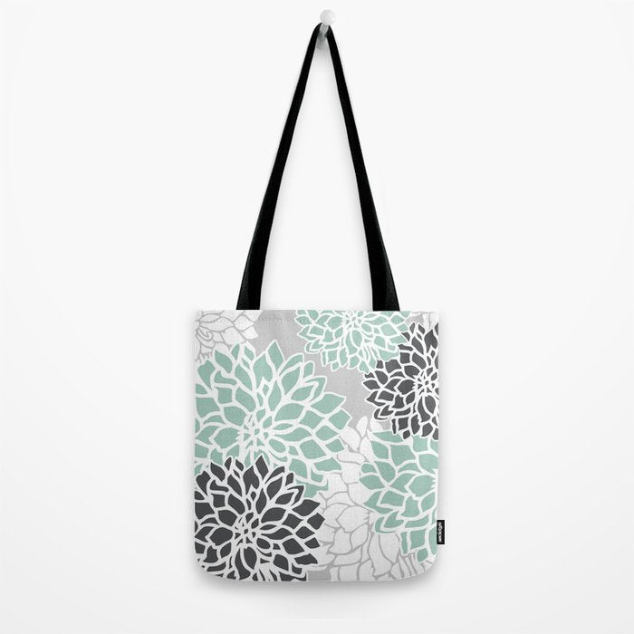 Flower Blooms, Teal and Grey Tote Bag Gallery Image 2