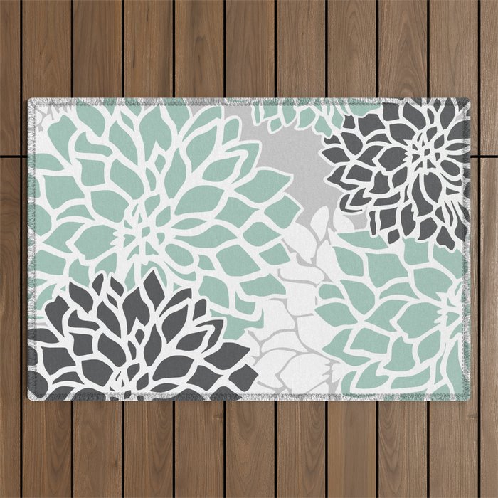 Flower Blooms, Teal and Grey Outdoor Rug Gallery Image 1