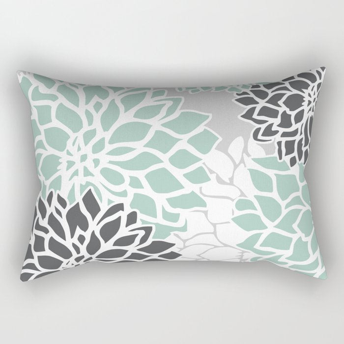 Flower Blooms, Teal and Grey Rectangular Pillow Gallery Image 2