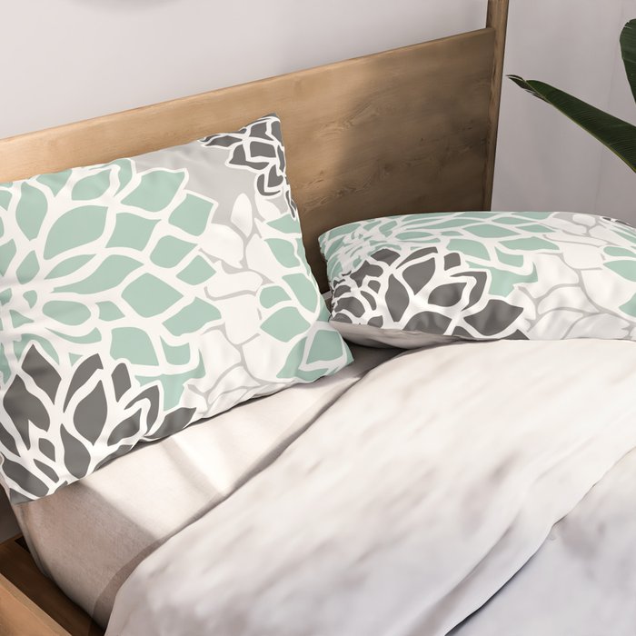 Flower Blooms, Teal and Grey Pillow Sham Gallery Image 2