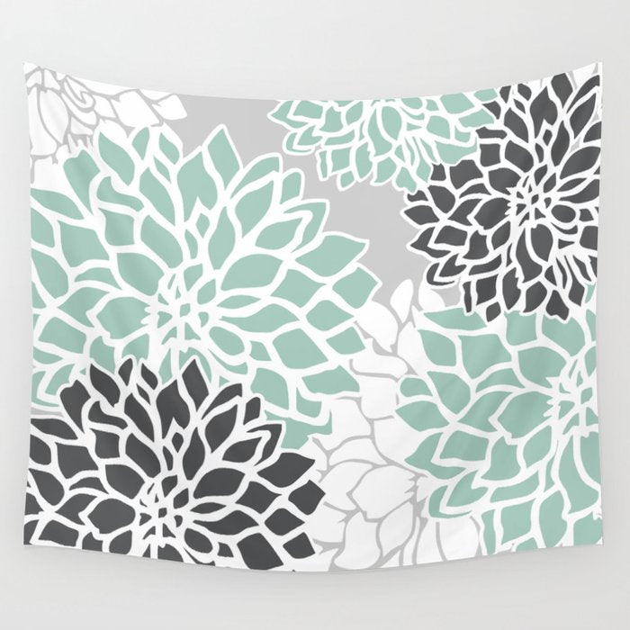 Flower Blooms, Teal and Grey Wall Tapestry Gallery Image 4