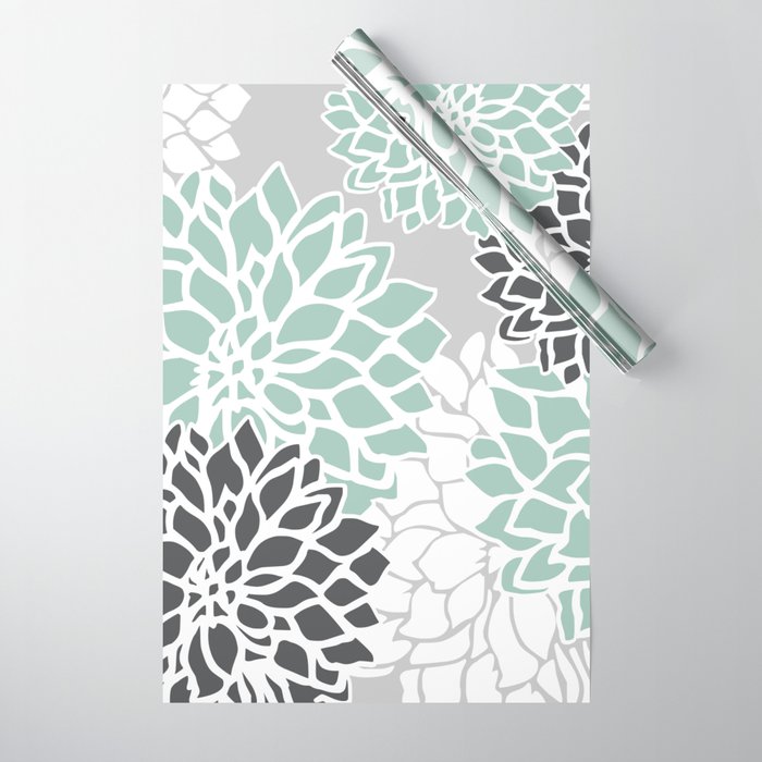 Flower Blooms, Teal and Grey Wrapping Paper Gallery Image 1