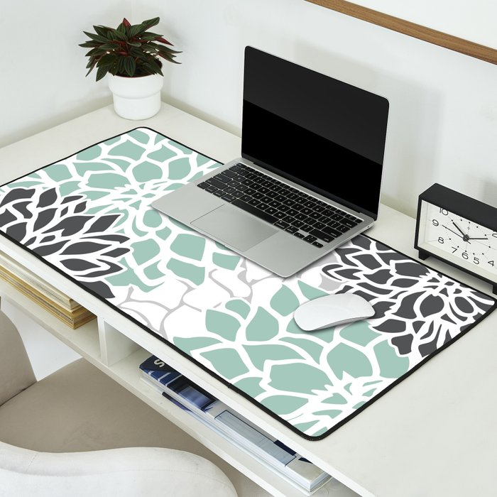 Flower Blooms, Teal and Grey Desk Mat Gallery Image 2