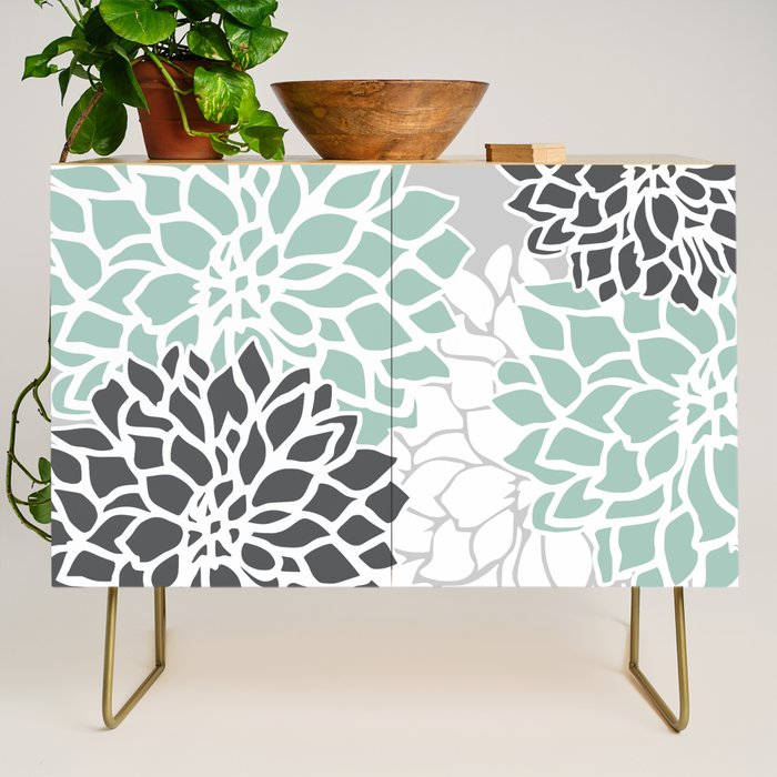 Flower Blooms, Teal and Grey Credenza Gallery Image 1
