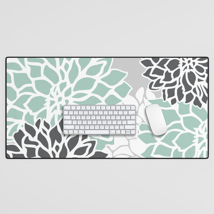 Flower Blooms, Teal and Grey Desk Mat Gallery Image 1
