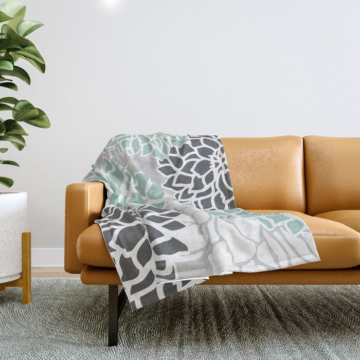 Flower Blooms, Teal and Grey Throw Blanket Gallery Image 1