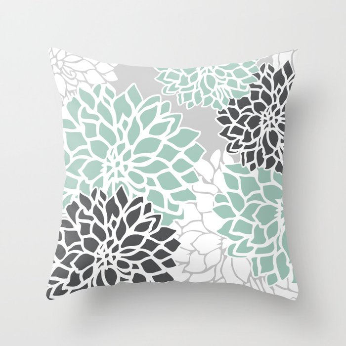 Flower Blooms, Teal and Grey Throw Pillow Gallery Image 6