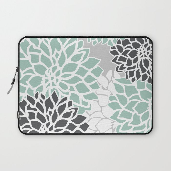 Flower Blooms, Teal and Grey Laptop Sleeve Gallery Image 1