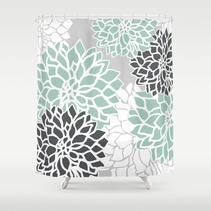 Flower Blooms, Teal and Grey Shower Curtain Gallery Image 1