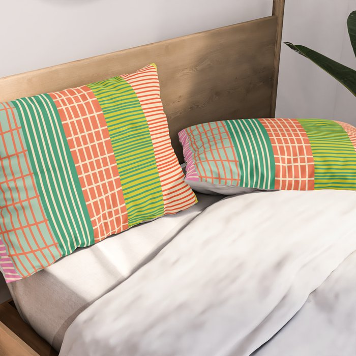 Finnish Patchwork Stripe Pattern Orange Green Pink Chartreuse Pillow Sham Gallery Image 2