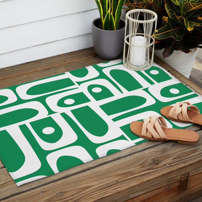 Mid Century Modern Piquet Abstract Multi Pattern in Kelly Green and White Outdoor Rug Gallery Image 2