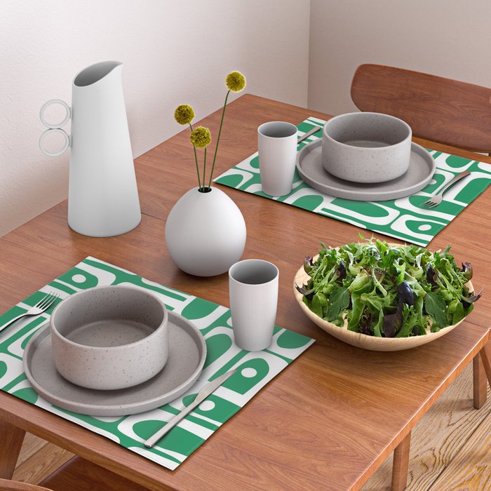 Mid Century Modern Piquet Abstract Multi Pattern in Kelly Green and White Placemat Gallery Image 2