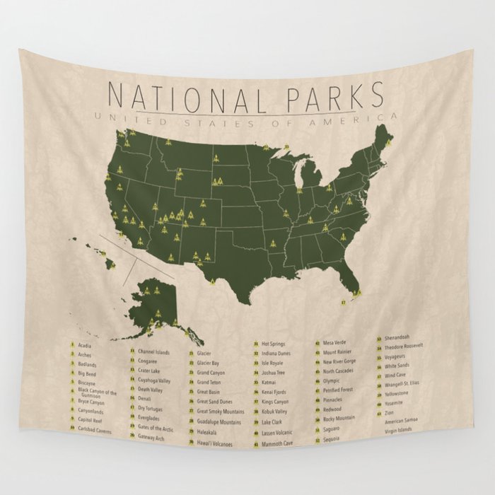 US National Parks w/ State Borders Wall Tapestry Gallery Image 1