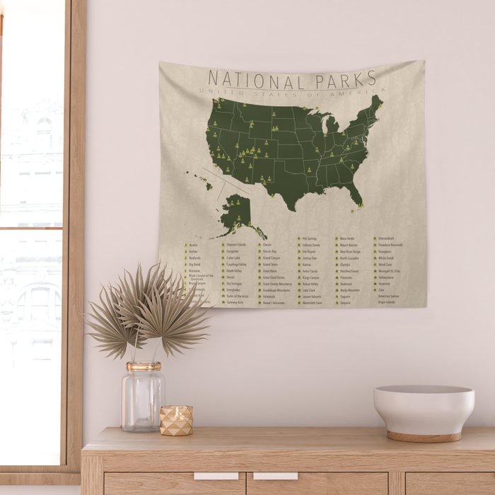 US National Parks w/ State Borders Wall Tapestry Gallery Image 2