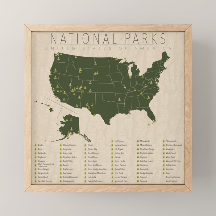 US National Parks w/ State Borders Mini Art Print Gallery Image 1