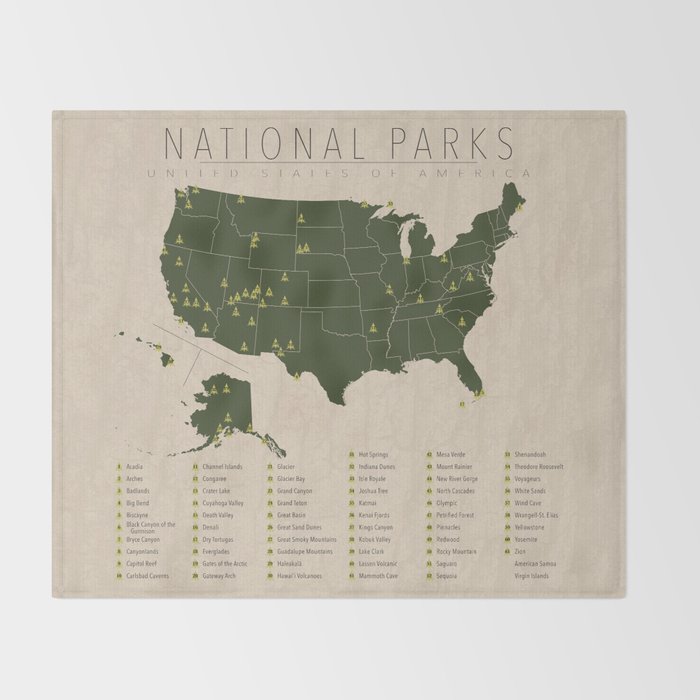 US National Parks w/ State Borders Throw Blanket Gallery Image 2