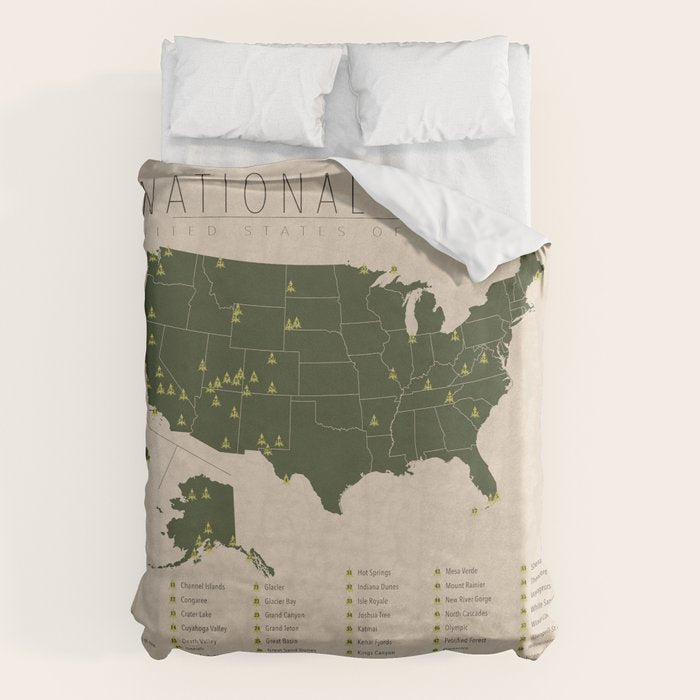 US National Parks w/ State Borders Duvet Cover Gallery Image 1