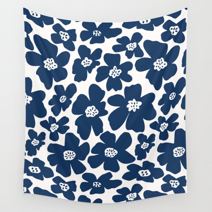 Retro Daisy - Blue Navy and white Wall Tapestry Gallery Image 1