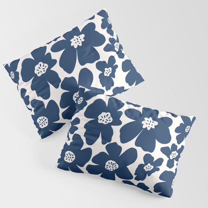Retro Daisy - Blue Navy and white Pillow Sham Gallery Image 1