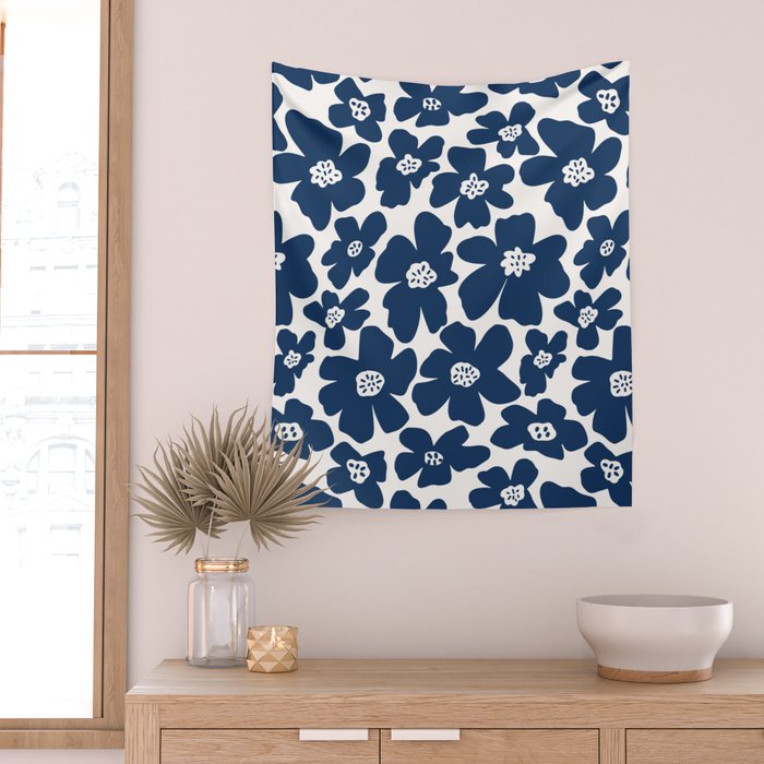 Retro Daisy - Blue Navy and white Wall Tapestry Gallery Image 2