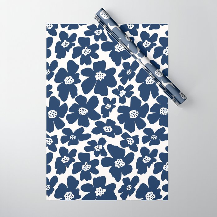 Retro Daisy - Blue Navy and white Wrapping Paper Gallery Image 1