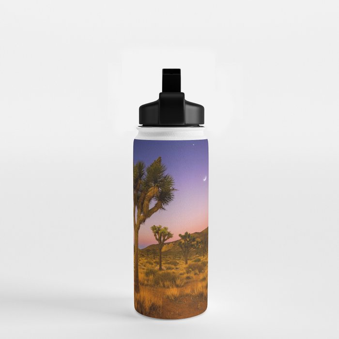 Twilight and half moon at Joshua Tree National Park, California Desert color photographic art print Water Bottle Gallery Image 2
