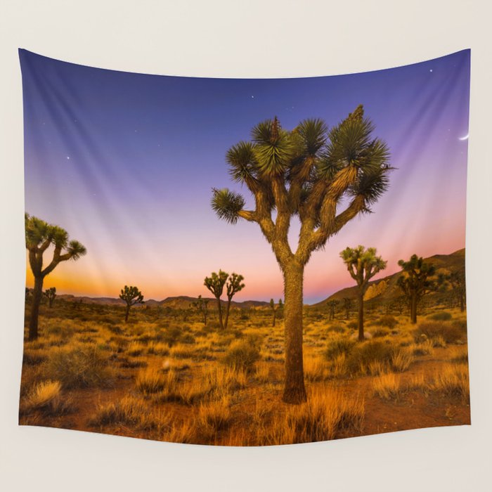 Twilight and half moon at Joshua Tree National Park, California Desert color photographic art print Wall Tapestry Gallery Image 1