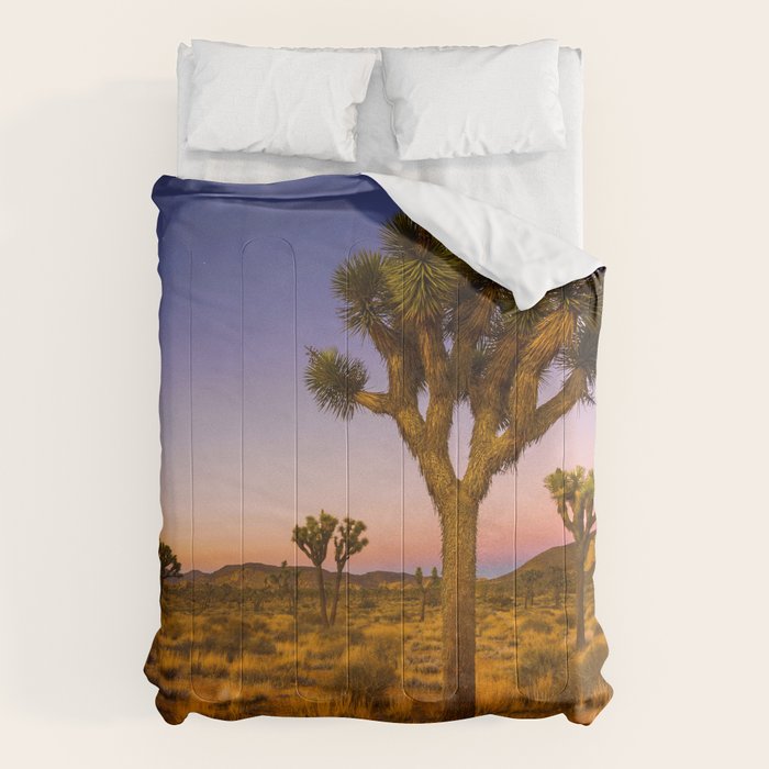 Twilight and half moon at Joshua Tree National Park, California Desert color photographic art print Comforter Gallery Image 1