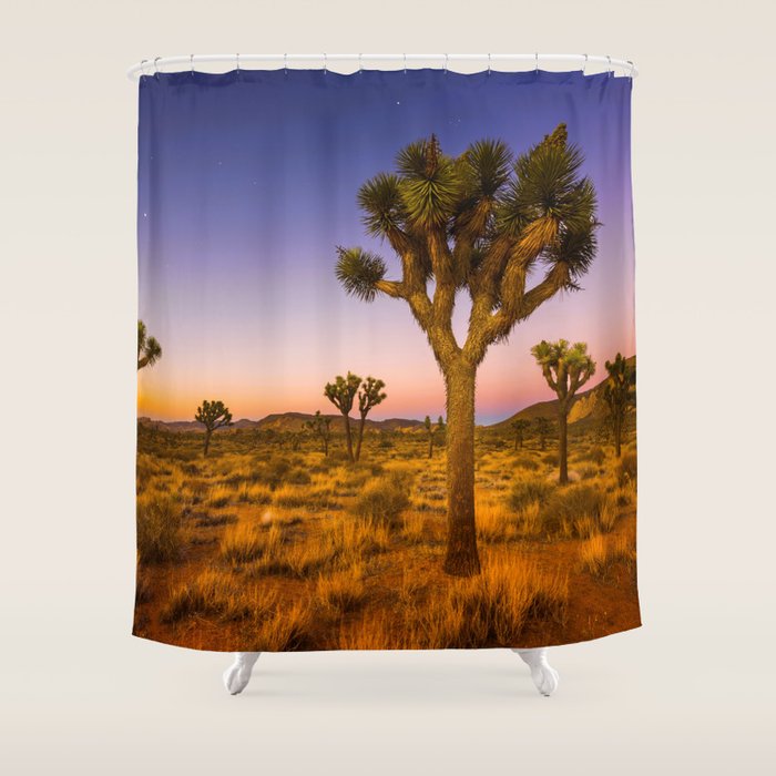 Twilight and half moon at Joshua Tree National Park, California Desert color photographic art print Shower Curtain Gallery Image 1