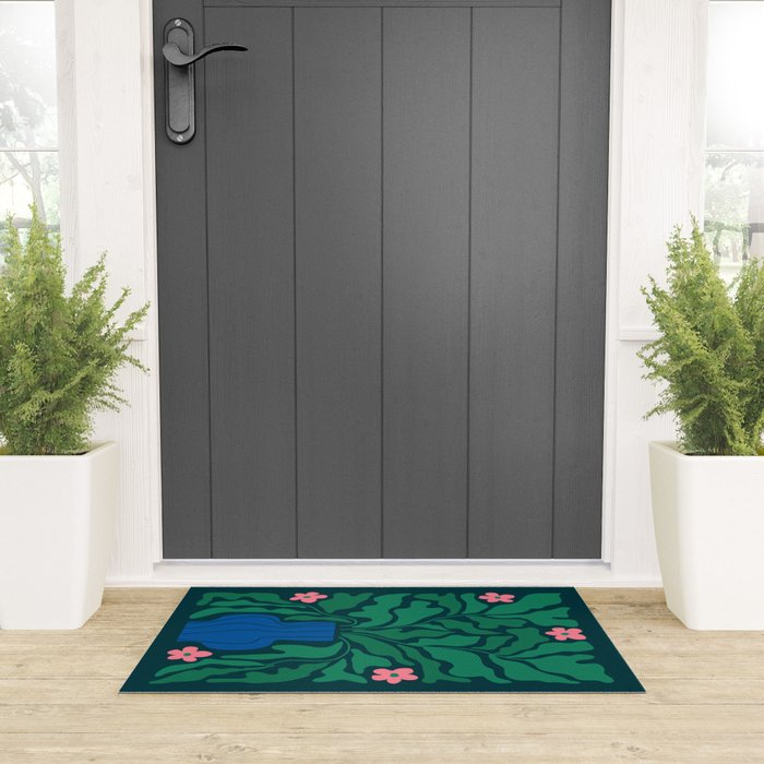 Summer Bloom: Pine Green Leaves & Pink Poppies Welcome Mat Gallery Image 3
