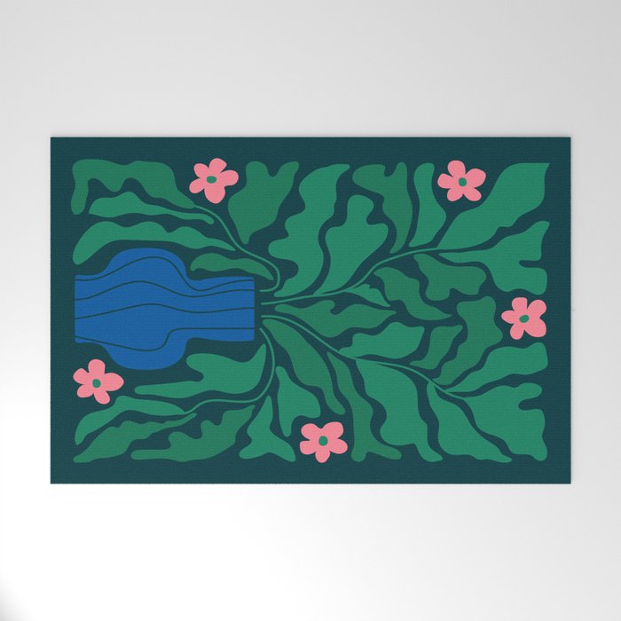 Summer Bloom: Pine Green Leaves & Pink Poppies Welcome Mat Gallery Image 1