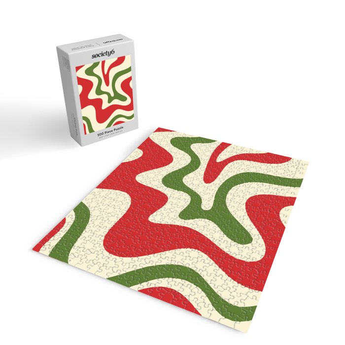 Liquid Swirl Abstract Christmas Pattern Square in Retro Red Green Cream  Jigsaw Puzzle Gallery Image 2