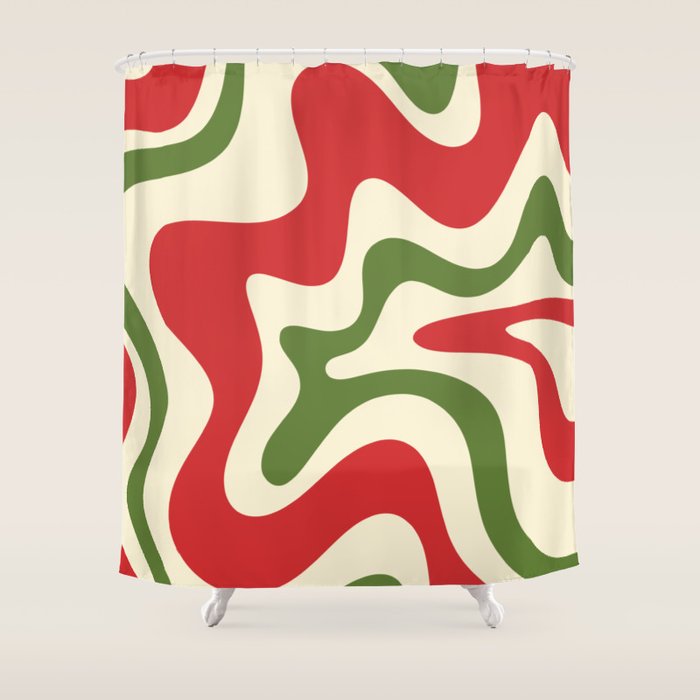 Liquid Swirl Abstract Christmas Pattern Square in Retro Red Green Cream  Shower Curtain Gallery Image 1