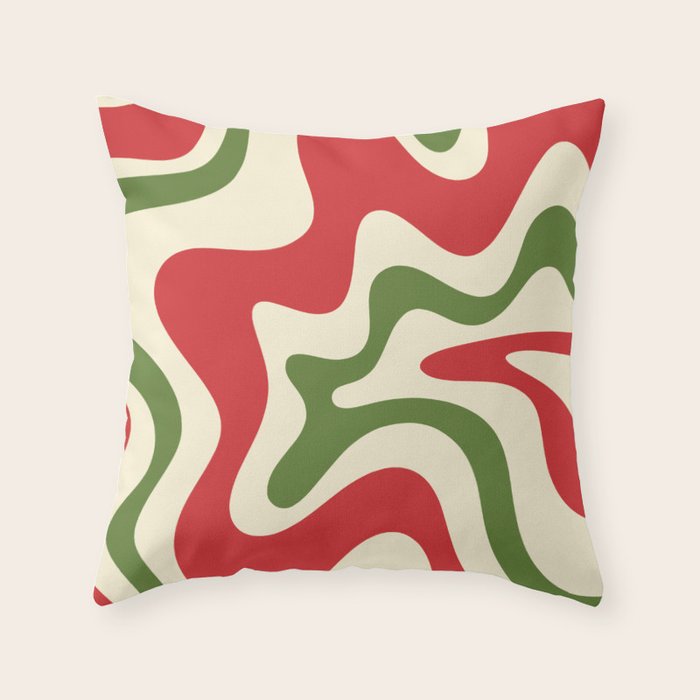Liquid Swirl Abstract Christmas Pattern Square in Retro Red Green Cream  Throw Pillow Gallery Image 6