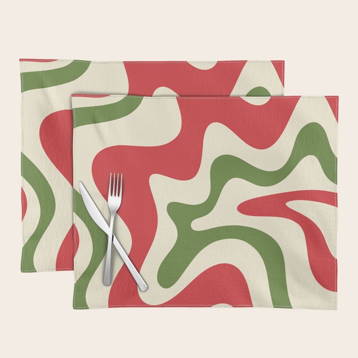 Liquid Swirl Abstract Christmas Pattern Square in Retro Red Green Cream  Placemat Gallery Image 1