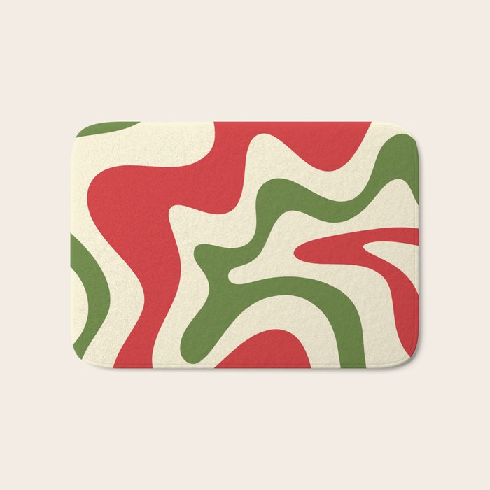 Liquid Swirl Abstract Christmas Pattern Square in Retro Red Green Cream  Bath Mat Gallery Image 1