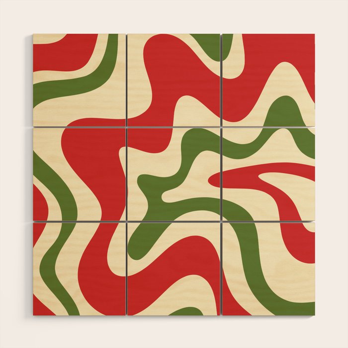 Liquid Swirl Abstract Christmas Pattern Square in Retro Red Green Cream  Wood Wall Art Gallery Image 1