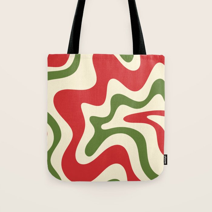 Liquid Swirl Abstract Christmas Pattern Square in Retro Red Green Cream  Tote Bag Gallery Image 1