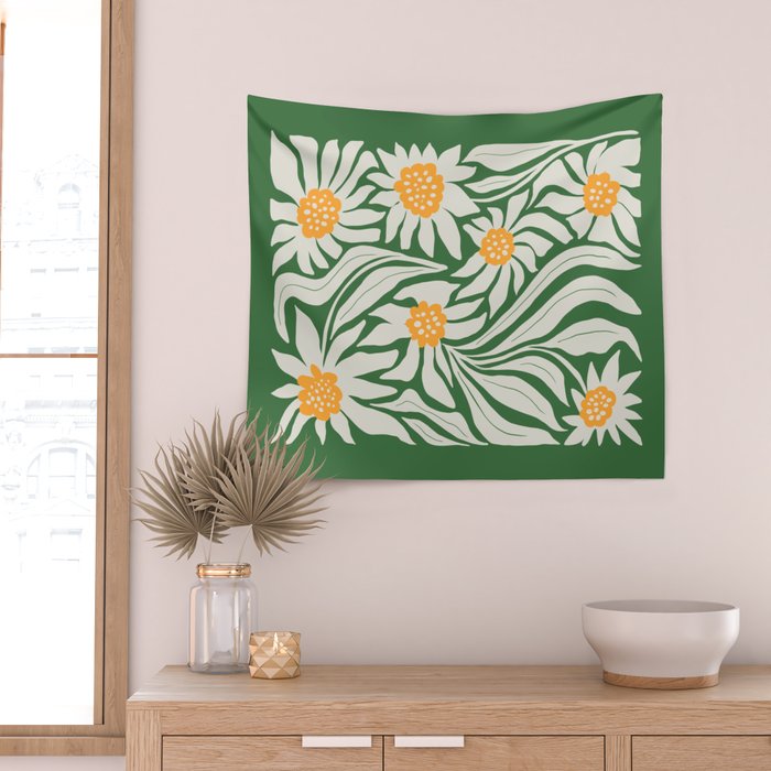 White Camellia & Fern Green Wall Tapestry Gallery Image 2