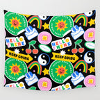 Retro cartoon sticker label pattern Wall Tapestry Gallery Image 4