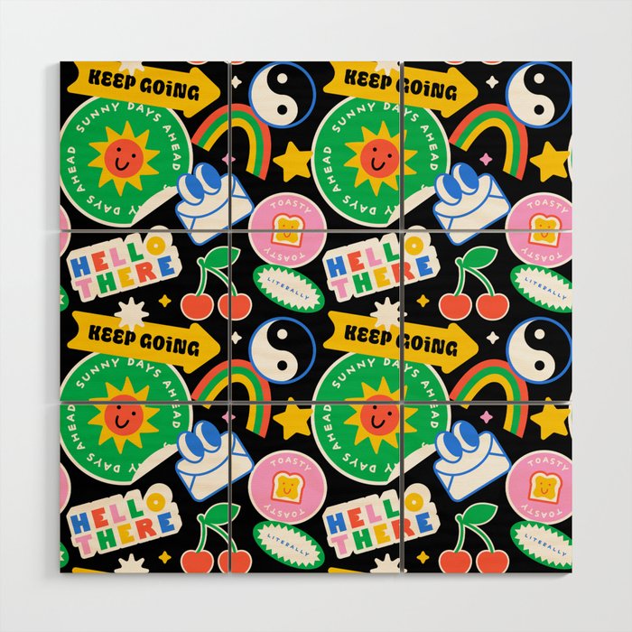Retro cartoon sticker label pattern Wood Wall Art Gallery Image 1